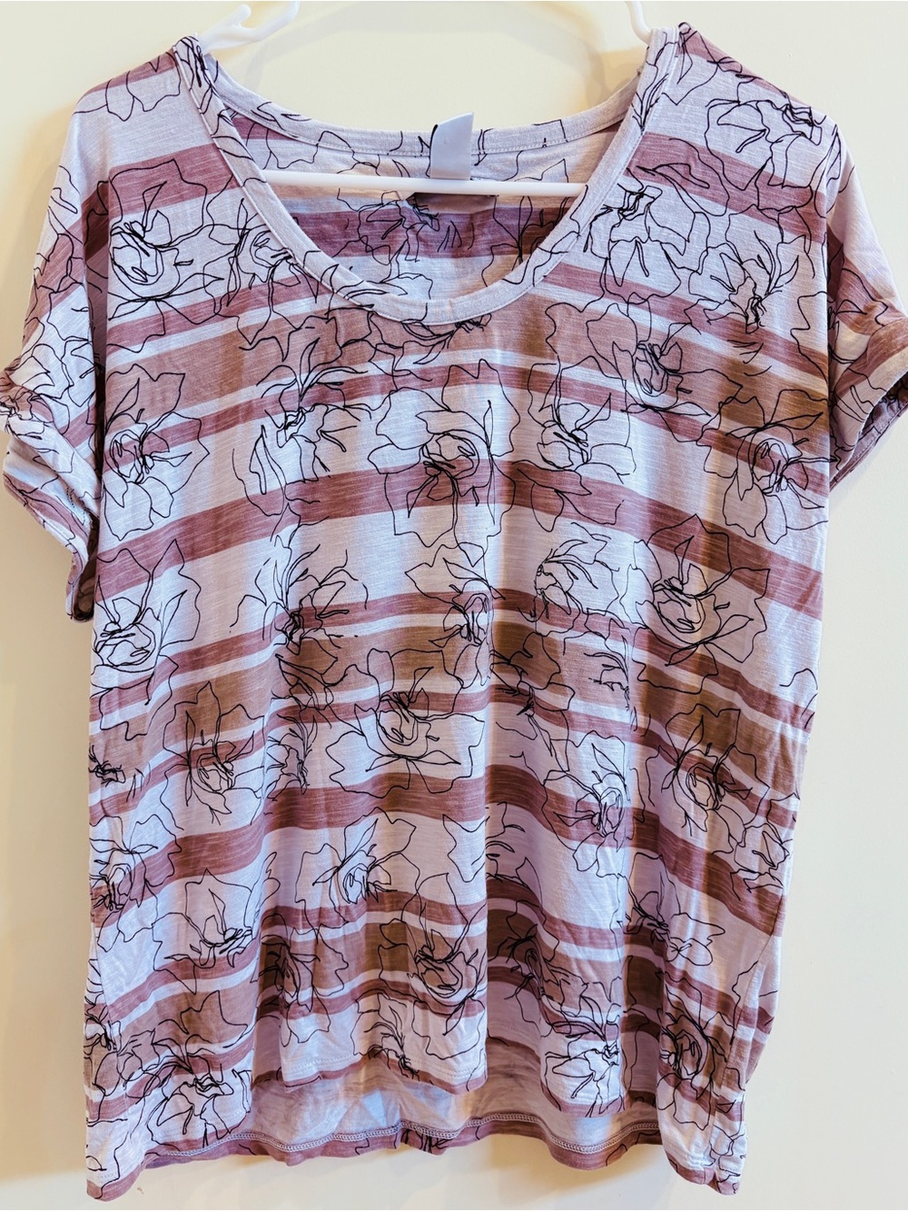White House Black Market Mauve and White Striped Floral Short Sleeve Top